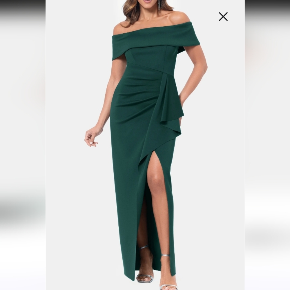 Xscape $228 Side Ruffle Off the Shoulder Scuba Knit Gown- Hunter